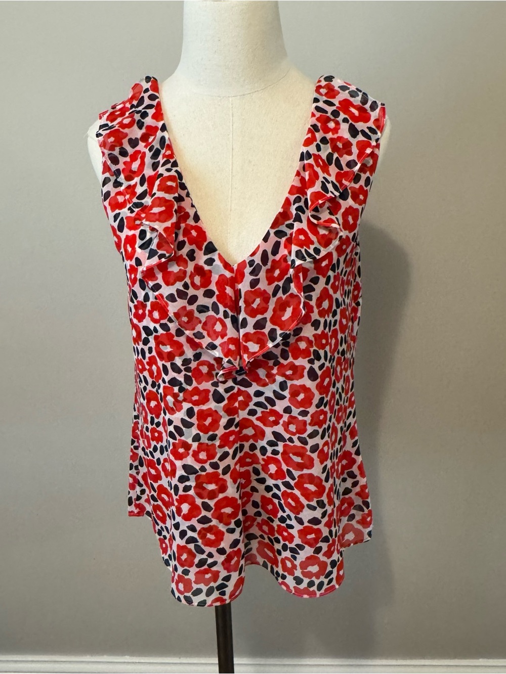 Sleeveless Red Floral V-Neck Ruffle Women's Top